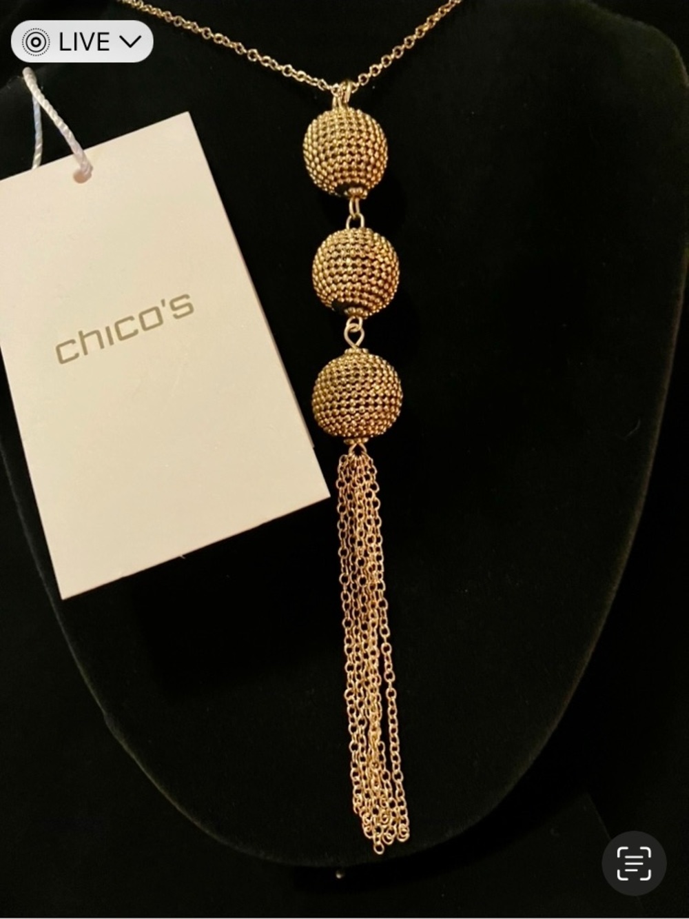 New Chico's Gold Triple Orb Tassel Pendant Necklace - Picture 4 of 4